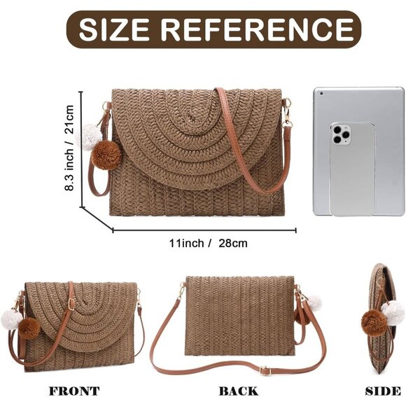 🆕Women Dark Brown Straw Clutch Purse Woven Crossbody Beach Shoulder Bag - Picture 4 of 6